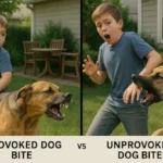 The image should be split into two clear halves: LEFT SIDE – "Provoked Dog Bite": - Scene: a suburban backyard during daytime. - Action: a medium-sized dog is reacting aggressively because a child accidentally pulls its tail.