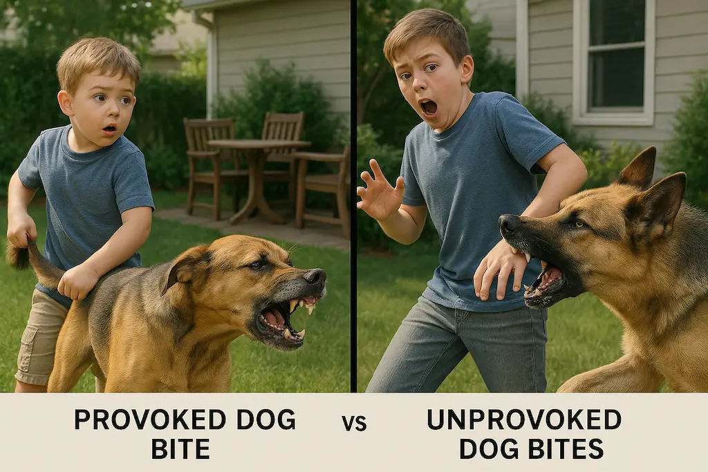 The image should be split into two clear halves: LEFT SIDE – "Provoked Dog Bite": - Scene: a suburban backyard during daytime. - Action: a medium-sized dog is reacting aggressively because a child accidentally pulls its tail.