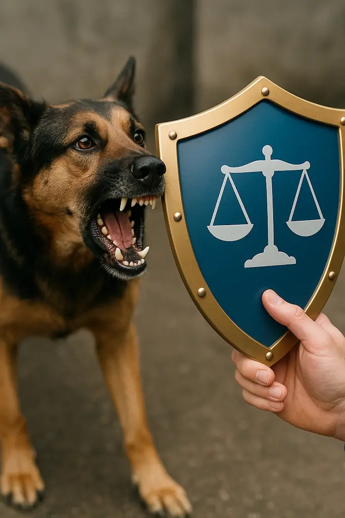 Legal protection and unprovoked dog bite concept - AI generated illustration showing legal shield and safety elements