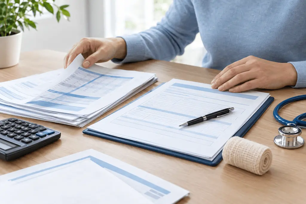 Medical bills and an insurance claim form on a desk, representing dog bite compensation