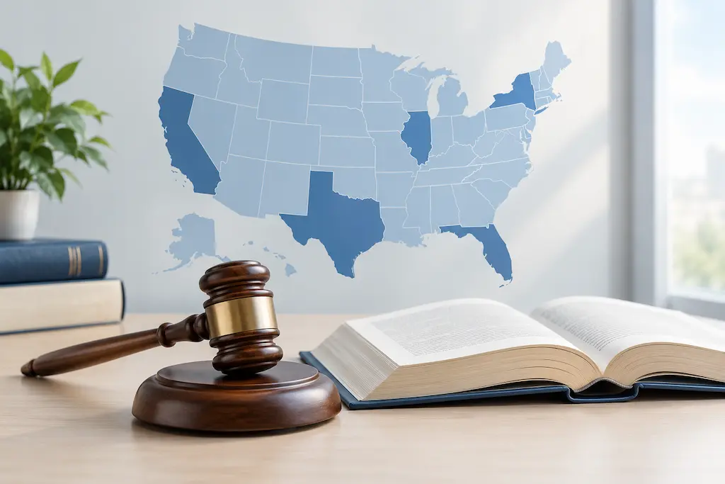 Map of the United States with a judge's gavel and law book, representing dog bite laws by state