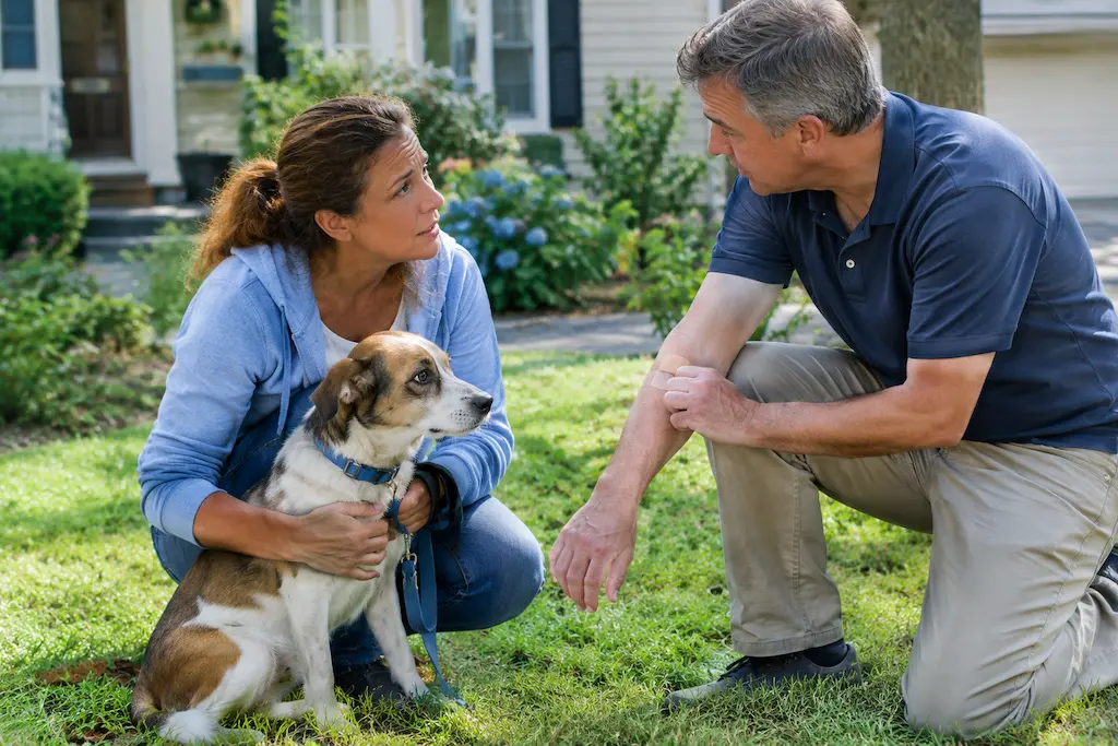 Dog owner holding a leashed dog while helping a neighbor with a bandaged arm after a dog bite